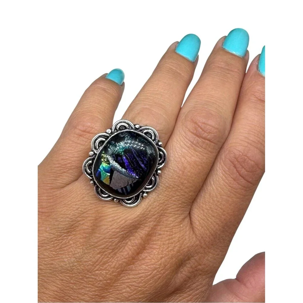 Dichroic Glass Ring Size 8 925 Sterling Silver Overlay Blue Purple Black